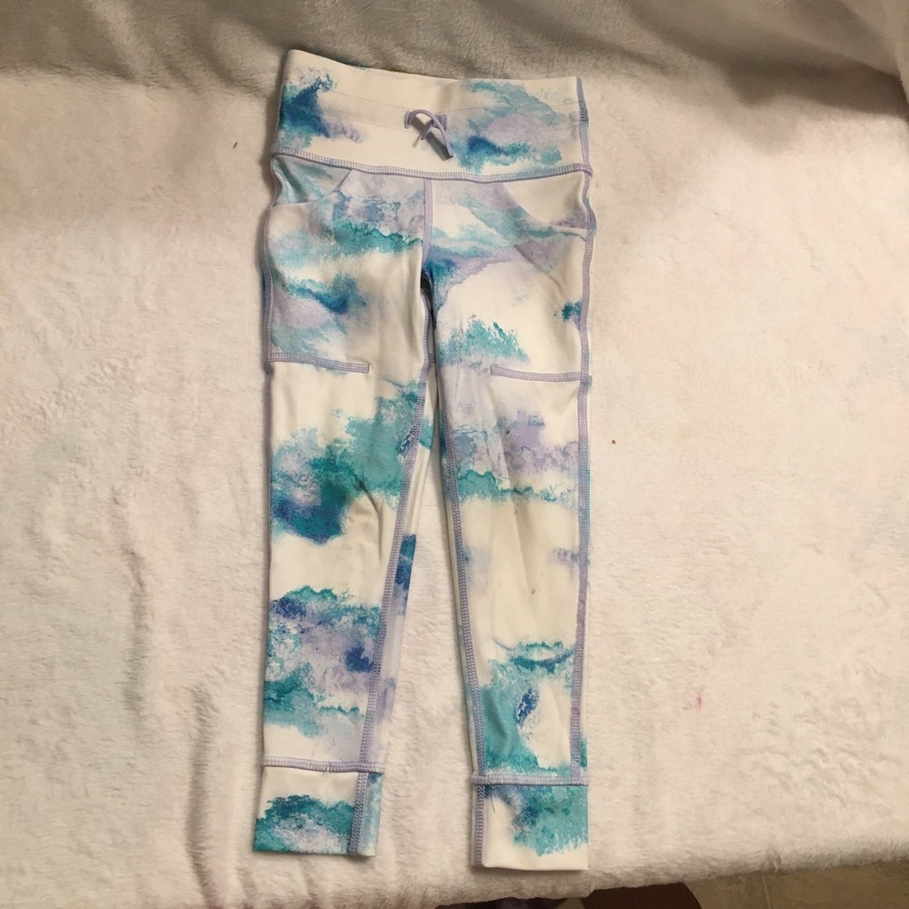 All In‎ Motion Leggings Kids XS 4/5 White Blue Purple Watercolor Pockets
